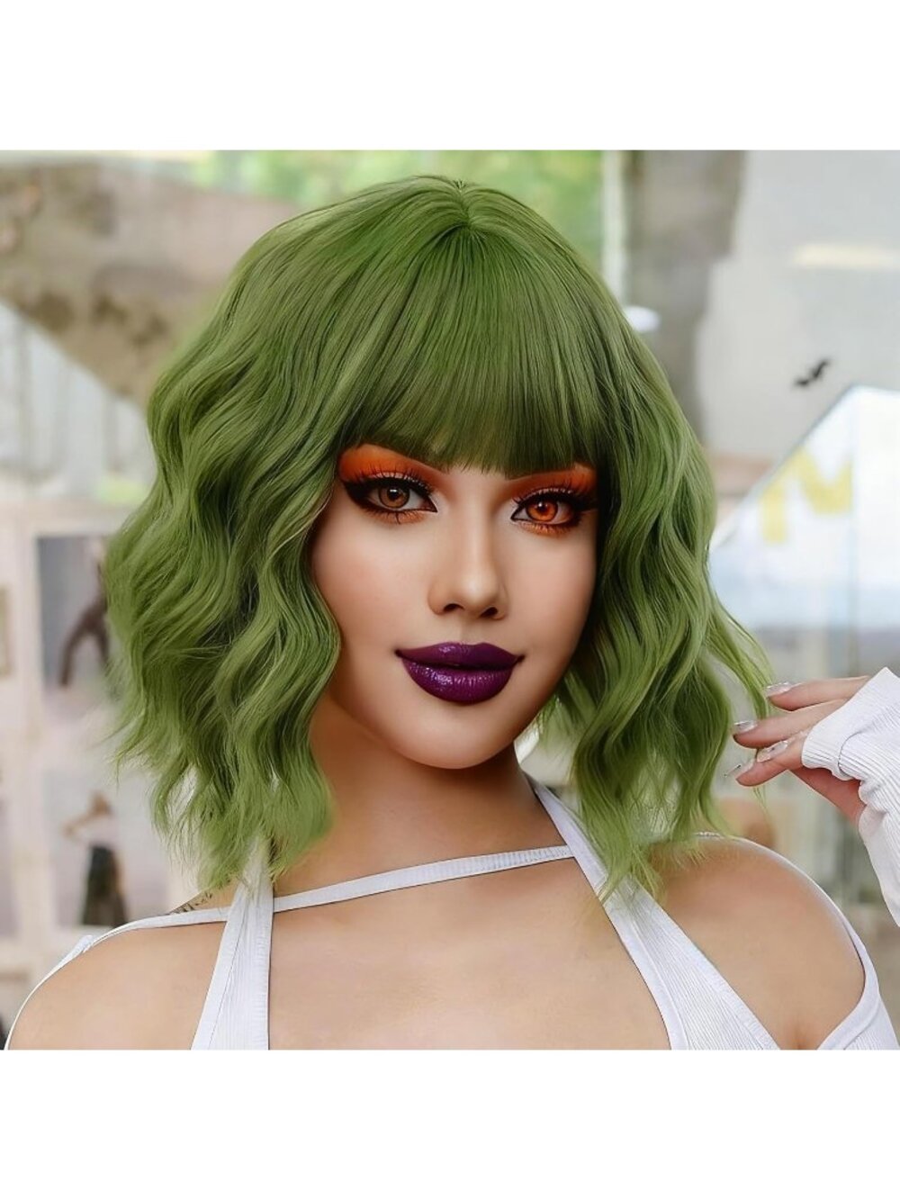 Women's Green Soft Short Bob Style Synthetic Shoulder Length Curly Wigs